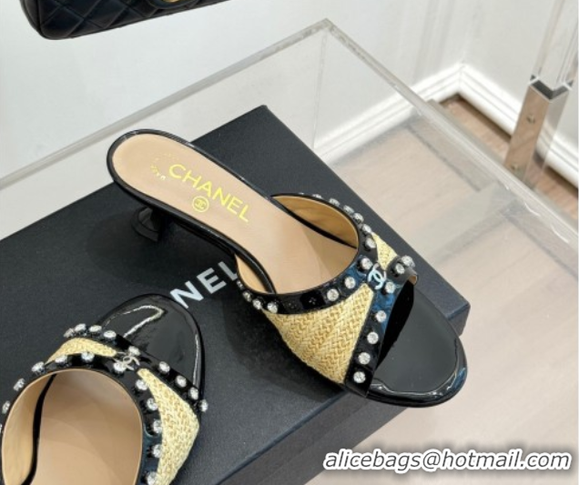 Sumptuous Chanel Straw-Like & Patent Calfskin Heel Slides Sandal with Strass Khaki/Black 2025 CH071404