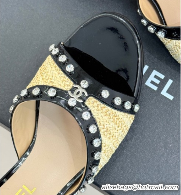 Sumptuous Chanel Straw-Like & Patent Calfskin Heel Slides Sandal with Strass Khaki/Black 2025 CH071404