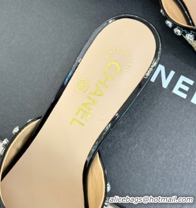 Sumptuous Chanel Straw-Like & Patent Calfskin Heel Slides Sandal with Strass Khaki/Black 2025 CH071404