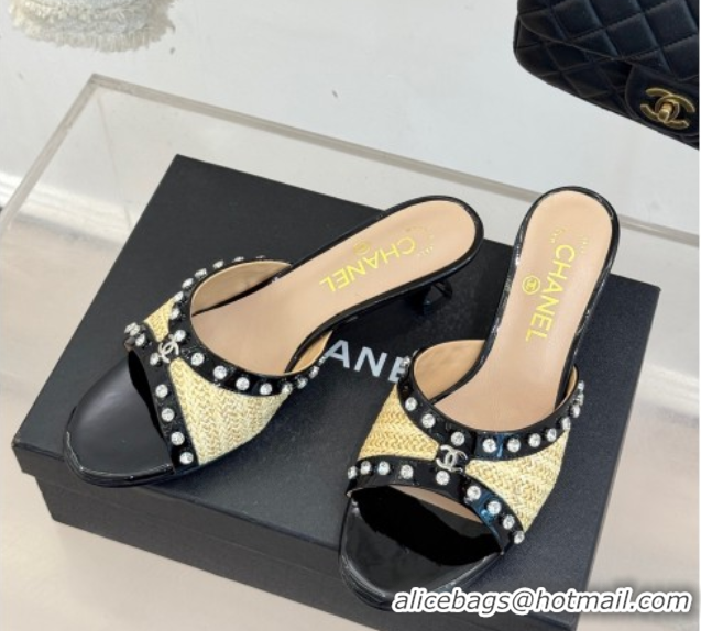 Sumptuous Chanel Straw-Like & Patent Calfskin Heel Slides Sandal with Strass Khaki/Black 2025 CH071404