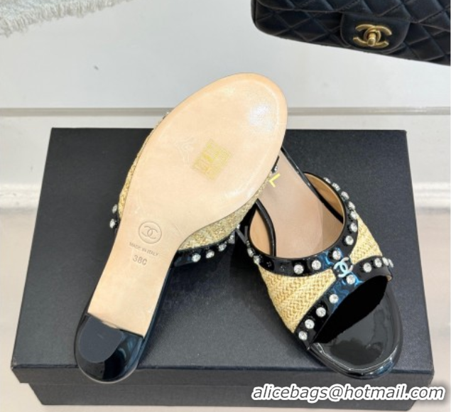 Sumptuous Chanel Straw-Like & Patent Calfskin Heel Slides Sandal with Strass Khaki/Black 2025 CH071404