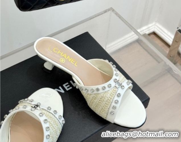 Perfect Chanel Straw-Like & Patent Calfskin Heel Slides Sandal with Strass White2 2025 CH071404