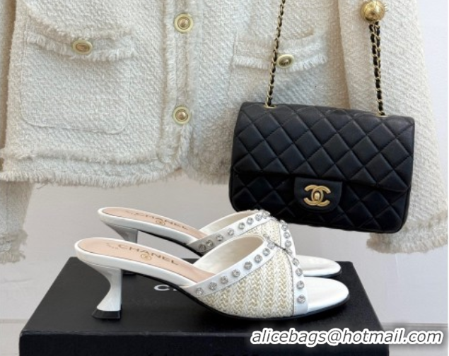 Perfect Chanel Straw-Like & Patent Calfskin Heel Slides Sandal with Strass White2 2025 CH071404