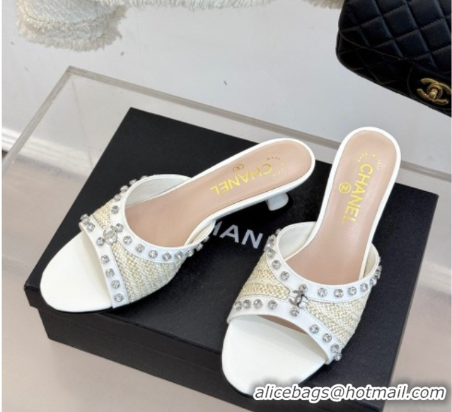 Perfect Chanel Straw-Like & Patent Calfskin Heel Slides Sandal with Strass White2 2025 CH071404