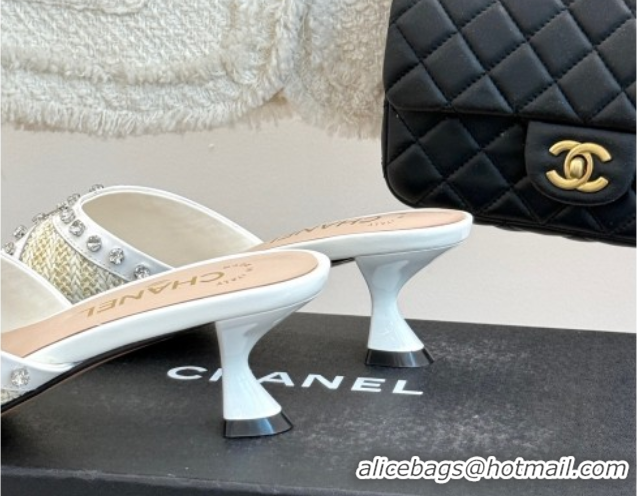 Perfect Chanel Straw-Like & Patent Calfskin Heel Slides Sandal with Strass White2 2025 CH071404
