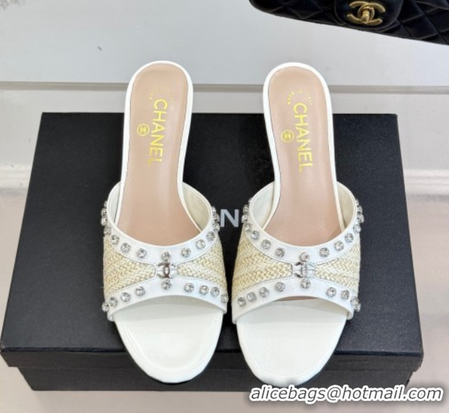 Perfect Chanel Straw-Like & Patent Calfskin Heel Slides Sandal with Strass White2 2025 CH071404