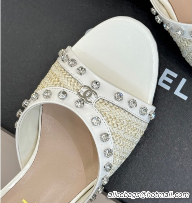 Perfect Chanel Straw-Like & Patent Calfskin Heel Slides Sandal with Strass White2 2025 CH071404