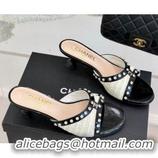 Best Grade Chanel Straw-Like & Patent Calfskin Heel Slides Sandal with Strass Black/White/Gold 2025 CH071404