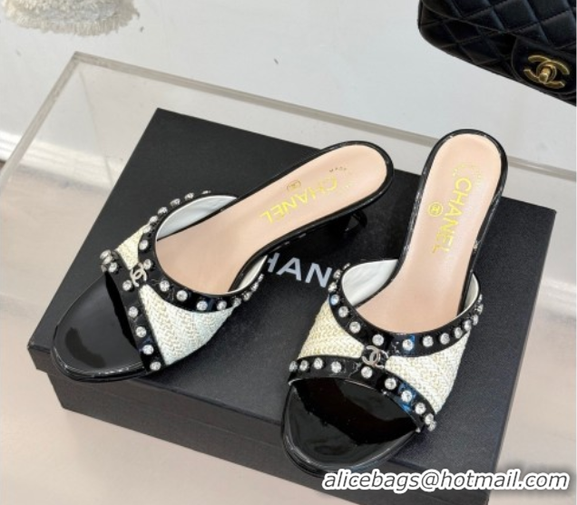 Best Grade Chanel Straw-Like & Patent Calfskin Heel Slides Sandal with Strass Black/White/Gold 2025 CH071404