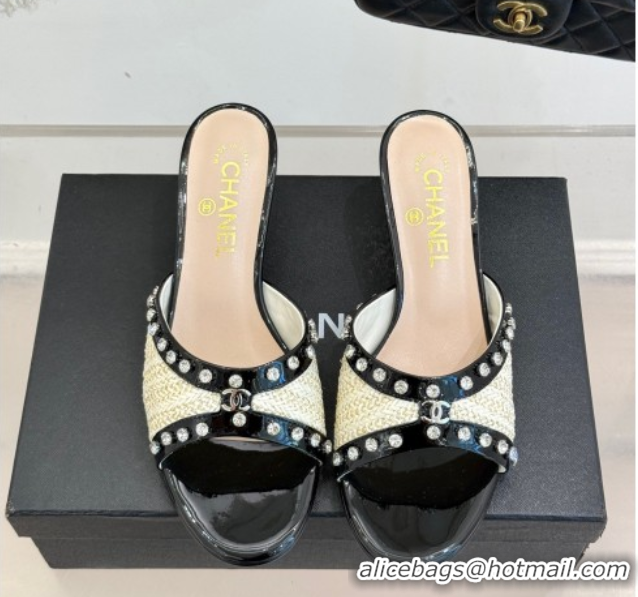 Best Grade Chanel Straw-Like & Patent Calfskin Heel Slides Sandal with Strass Black/White/Gold 2025 CH071404