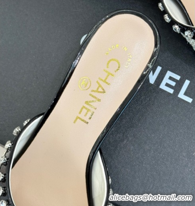 Best Grade Chanel Straw-Like & Patent Calfskin Heel Slides Sandal with Strass Black/White/Gold 2025 CH071404