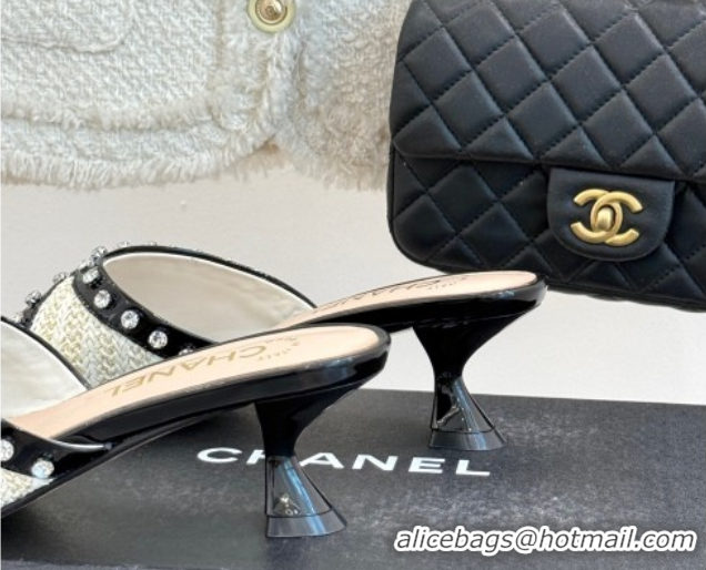 Best Grade Chanel Straw-Like & Patent Calfskin Heel Slides Sandal with Strass Black/White/Gold 2025 CH071404