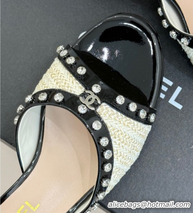 Best Grade Chanel Straw-Like & Patent Calfskin Heel Slides Sandal with Strass Black/White/Gold 2025 CH071404