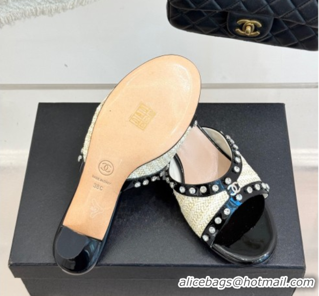 Best Grade Chanel Straw-Like & Patent Calfskin Heel Slides Sandal with Strass Black/White/Gold 2025 CH071404
