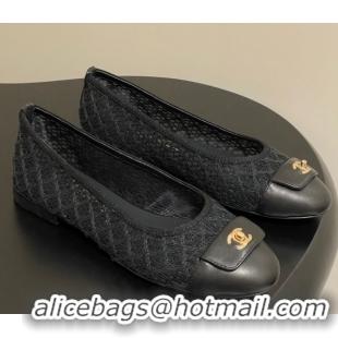 Classic Specials Chanel Embroidered Mesh & Leather Ballet Flats with Foldover Black 2025 CH071405