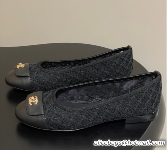 Classic Specials Chanel Embroidered Mesh & Leather Ballet Flats with Foldover Black 2025 CH071405