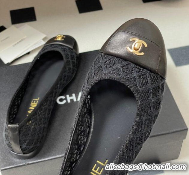 Classic Specials Chanel Embroidered Mesh & Leather Ballet Flats with Foldover Black 2025 CH071405