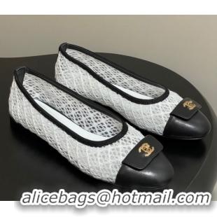 Buy Luxury Chanel Embroidered Mesh & Leather Ballet Flats with Foldover White 2025 CH071405