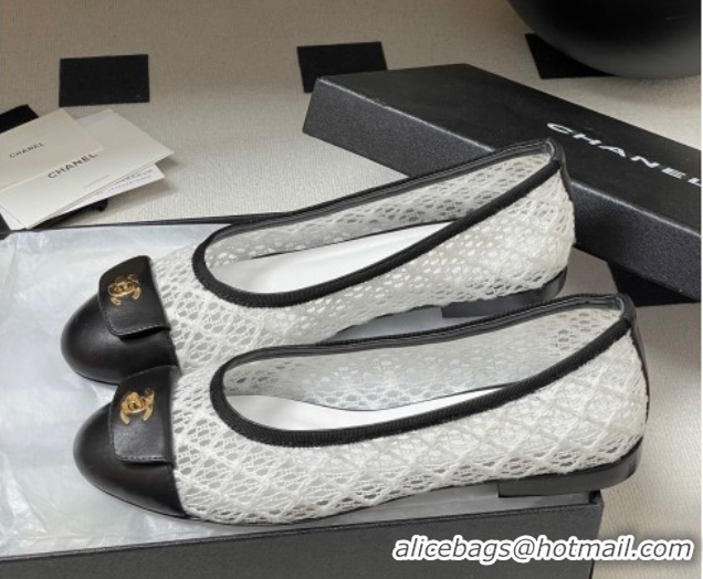 Buy Luxury Chanel Embroidered Mesh & Leather Ballet Flats with Foldover White 2025 CH071405