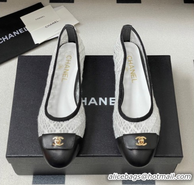 Buy Luxury Chanel Embroidered Mesh & Leather Ballet Flats with Foldover White 2025 CH071405