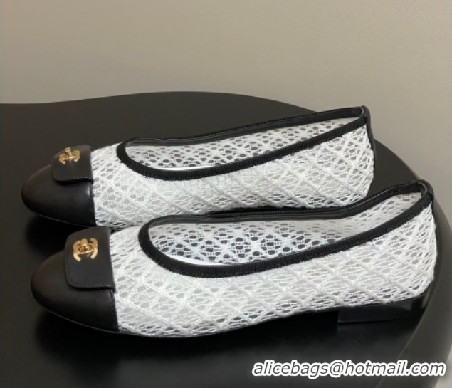 Buy Luxury Chanel Embroidered Mesh & Leather Ballet Flats with Foldover White 2025 CH071405