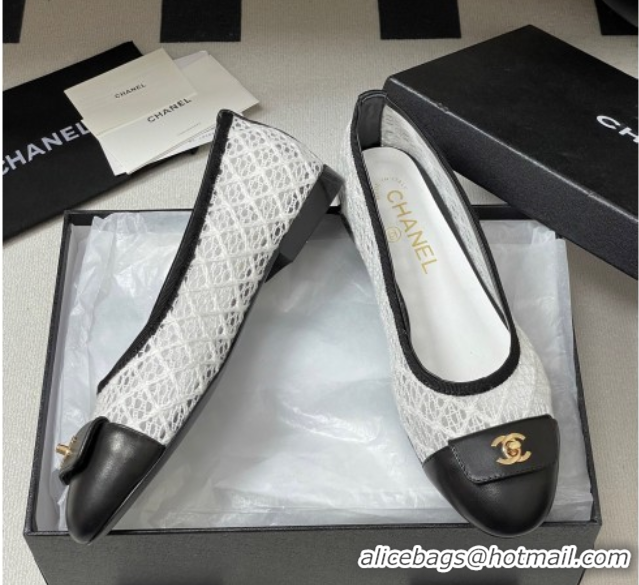 Buy Luxury Chanel Embroidered Mesh & Leather Ballet Flats with Foldover White 2025 CH071405