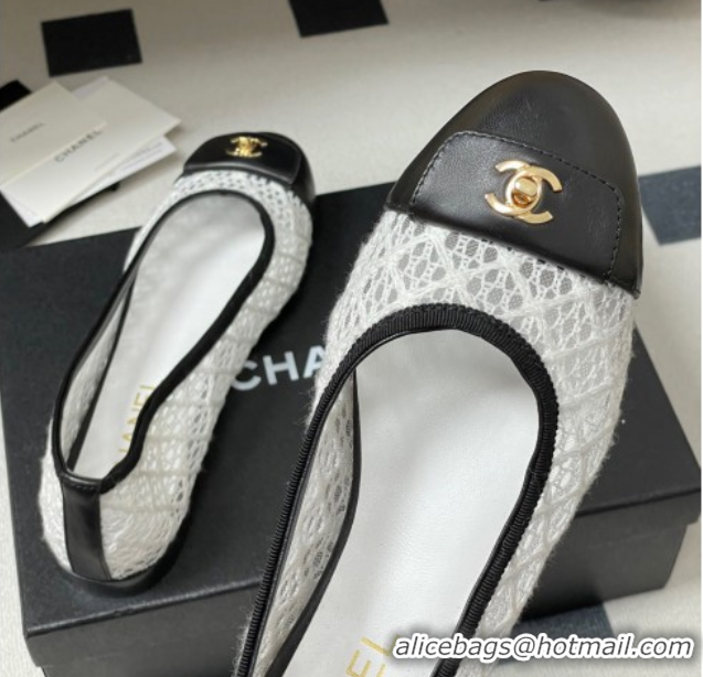 Buy Luxury Chanel Embroidered Mesh & Leather Ballet Flats with Foldover White 2025 CH071405
