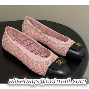 Modern Chanel Embroidered Mesh & Leather Ballet Flats with Foldover Pink 2025 CH071405