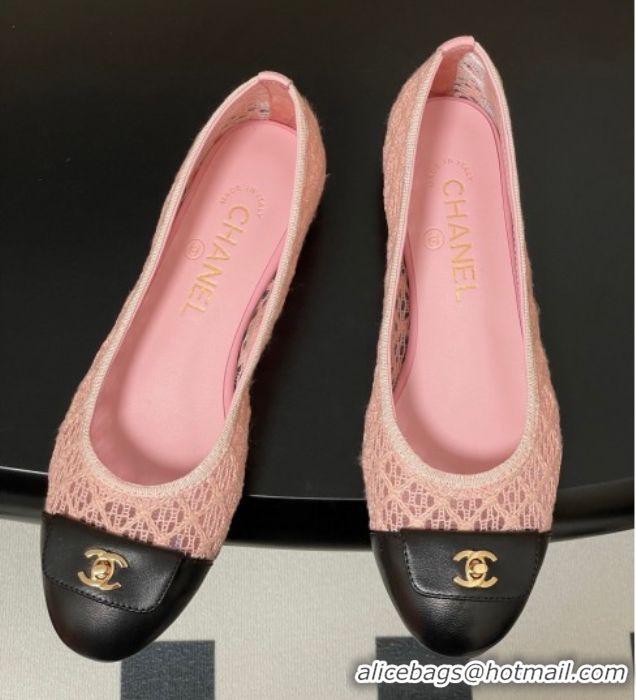 Modern Chanel Embroidered Mesh & Leather Ballet Flats with Foldover Pink 2025 CH071405