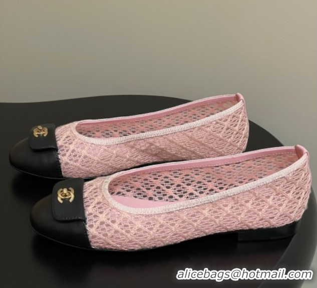 Modern Chanel Embroidered Mesh & Leather Ballet Flats with Foldover Pink 2025 CH071405