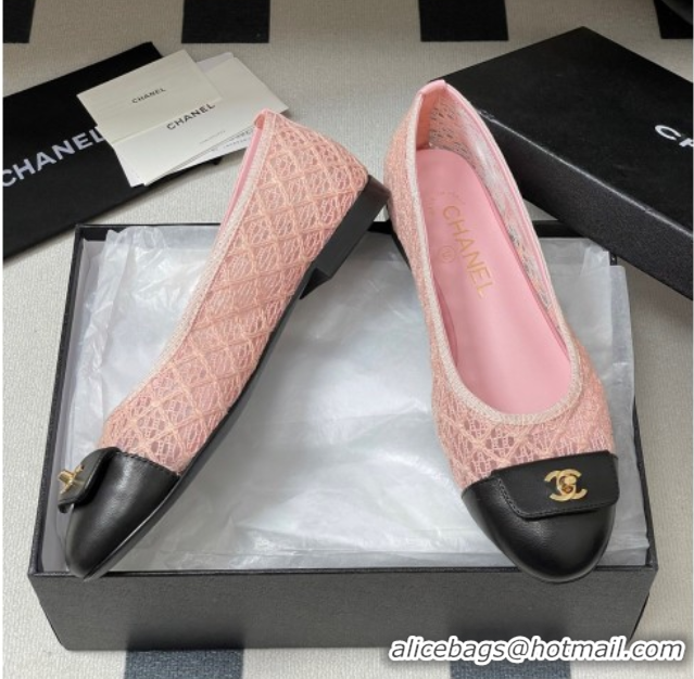 Modern Chanel Embroidered Mesh & Leather Ballet Flats with Foldover Pink 2025 CH071405