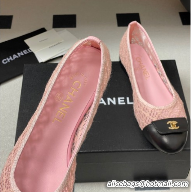 Modern Chanel Embroidered Mesh & Leather Ballet Flats with Foldover Pink 2025 CH071405
