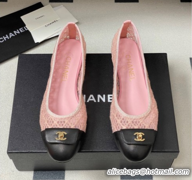 Modern Chanel Embroidered Mesh & Leather Ballet Flats with Foldover Pink 2025 CH071405