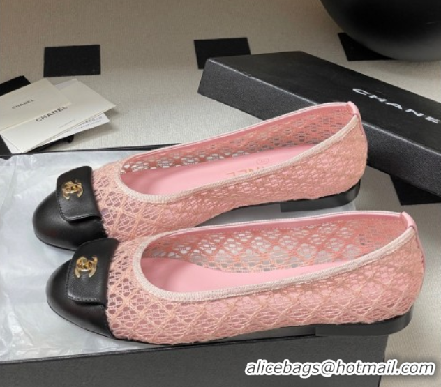 Modern Chanel Embroidered Mesh & Leather Ballet Flats with Foldover Pink 2025 CH071405