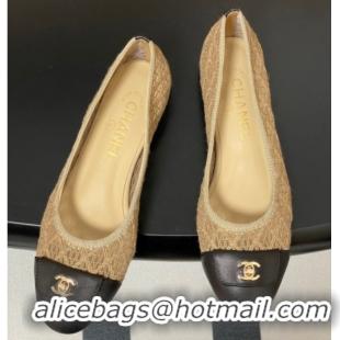 Good Quality Chanel Embroidered Mesh & Leather Ballet Flats with Foldover Khaki 2025 CH071405