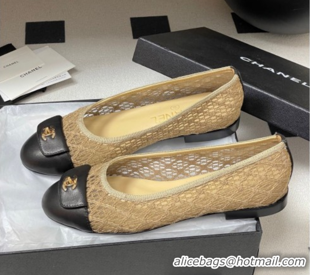 Good Quality Chanel Embroidered Mesh & Leather Ballet Flats with Foldover Khaki 2025 CH071405