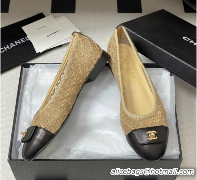 Good Quality Chanel Embroidered Mesh & Leather Ballet Flats with Foldover Khaki 2025 CH071405