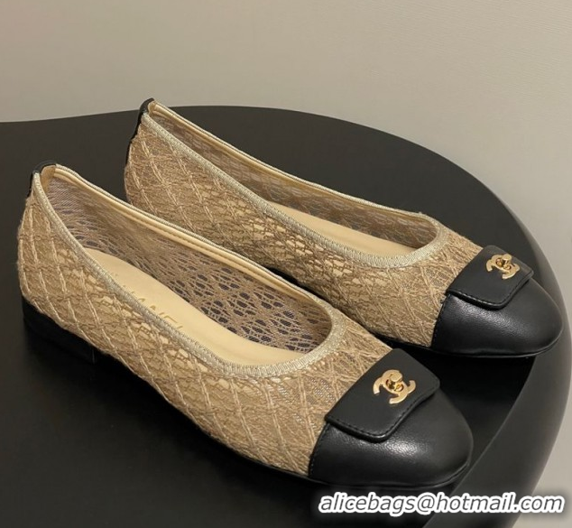 Good Quality Chanel Embroidered Mesh & Leather Ballet Flats with Foldover Khaki 2025 CH071405