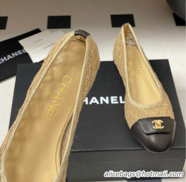 Good Quality Chanel Embroidered Mesh & Leather Ballet Flats with Foldover Khaki 2025 CH071405