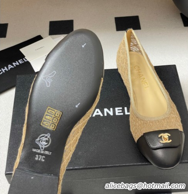Good Quality Chanel Embroidered Mesh & Leather Ballet Flats with Foldover Khaki 2025 CH071405