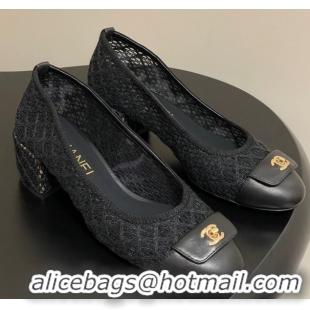 Grade Quality Chanel Embroidered Mesh & Leather Pumps 5cm with Foldover Black 2025 CH071405
