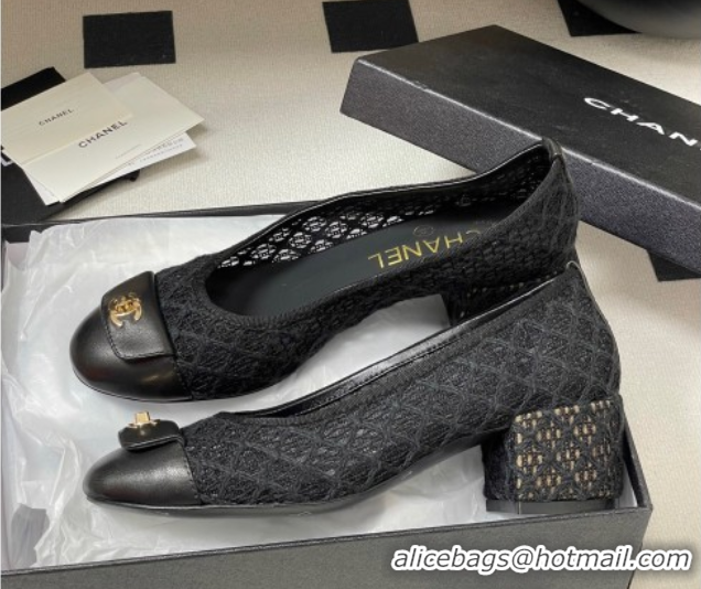Grade Quality Chanel Embroidered Mesh & Leather Pumps 5cm with Foldover Black 2025 CH071405