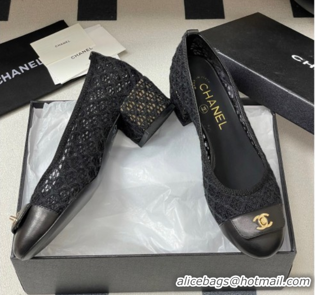 Grade Quality Chanel Embroidered Mesh & Leather Pumps 5cm with Foldover Black 2025 CH071405