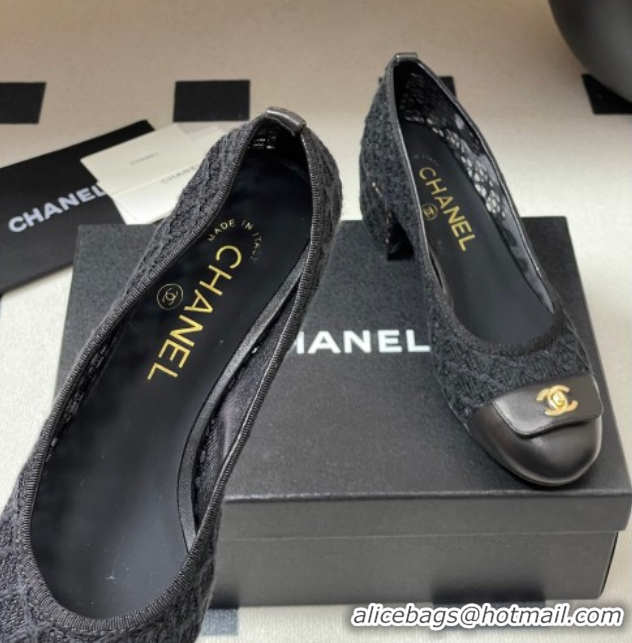 Grade Quality Chanel Embroidered Mesh & Leather Pumps 5cm with Foldover Black 2025 CH071405