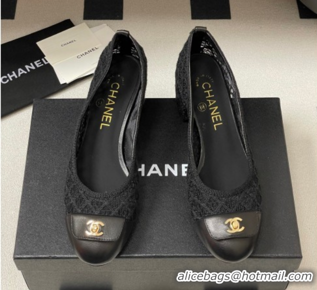 Grade Quality Chanel Embroidered Mesh & Leather Pumps 5cm with Foldover Black 2025 CH071405