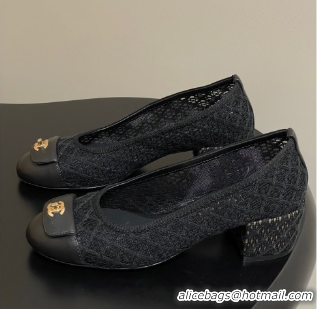 Grade Quality Chanel Embroidered Mesh & Leather Pumps 5cm with Foldover Black 2025 CH071405