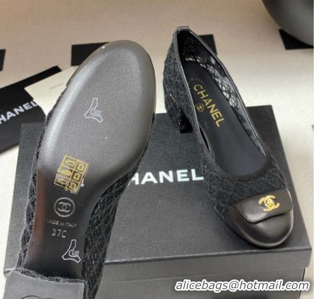 Grade Quality Chanel Embroidered Mesh & Leather Pumps 5cm with Foldover Black 2025 CH071405