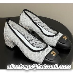 Shop Cheap Chanel Embroidered Mesh & Leather Pumps 5cm with Foldover White 2025 CH071405