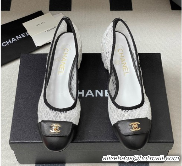 Shop Cheap Chanel Embroidered Mesh & Leather Pumps 5cm with Foldover White 2025 CH071405
