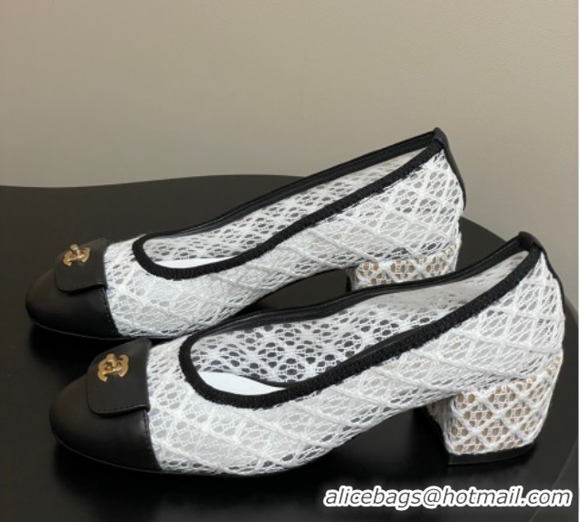 Shop Cheap Chanel Embroidered Mesh & Leather Pumps 5cm with Foldover White 2025 CH071405